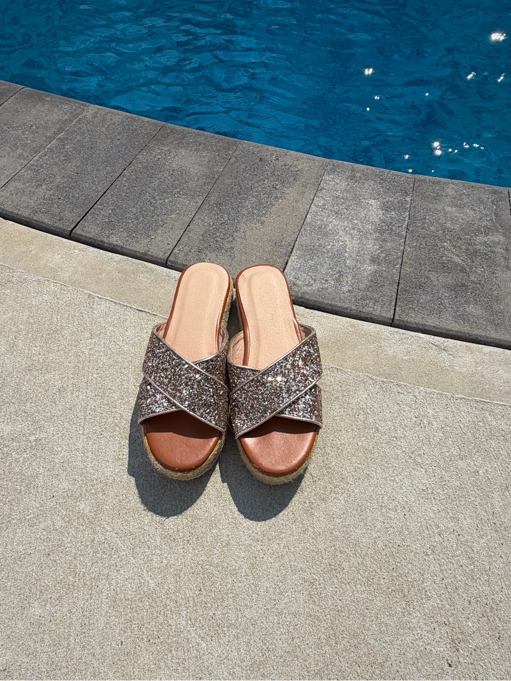 Rose Gold Glitter Espadrille Platform Slide Sandals Size 7